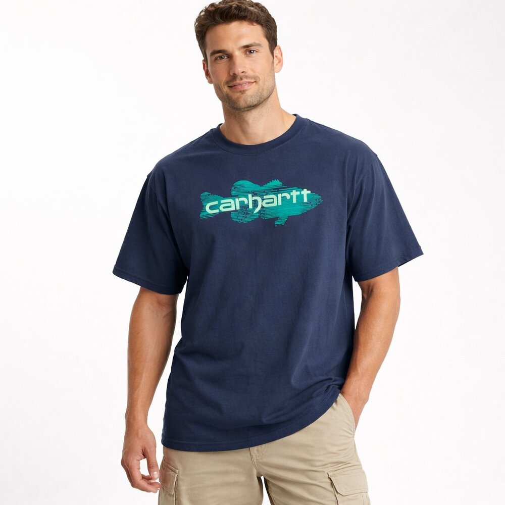 Carhartt Fish Logo Graphic Tee L Tall Loose Fit Navy Outdoor Fishing Shirt